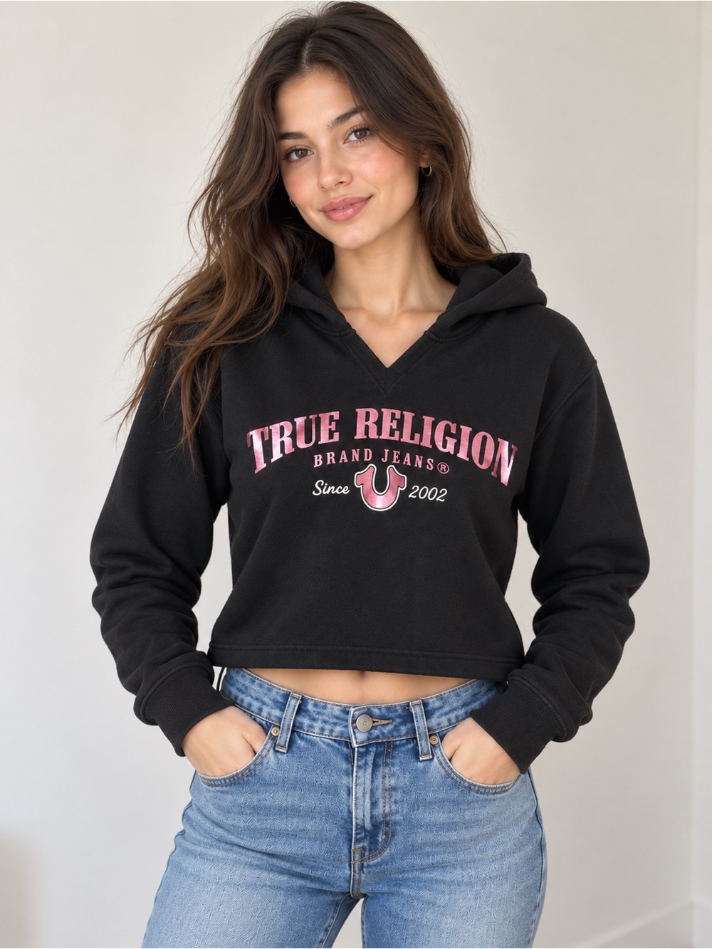 True Religion Black Cropped Hoodie with Pink Logo Graphic